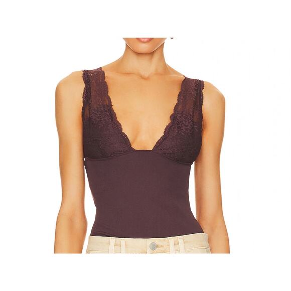 Intimately Free People Power Play Cami Ribbed Stretch Lace Top Plunge Neck Sz S - Picture 1 of 11